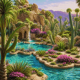 A vibrant oasis with turquoise waters, cacti, and colourful flowers. Size - 100cm x 100cm