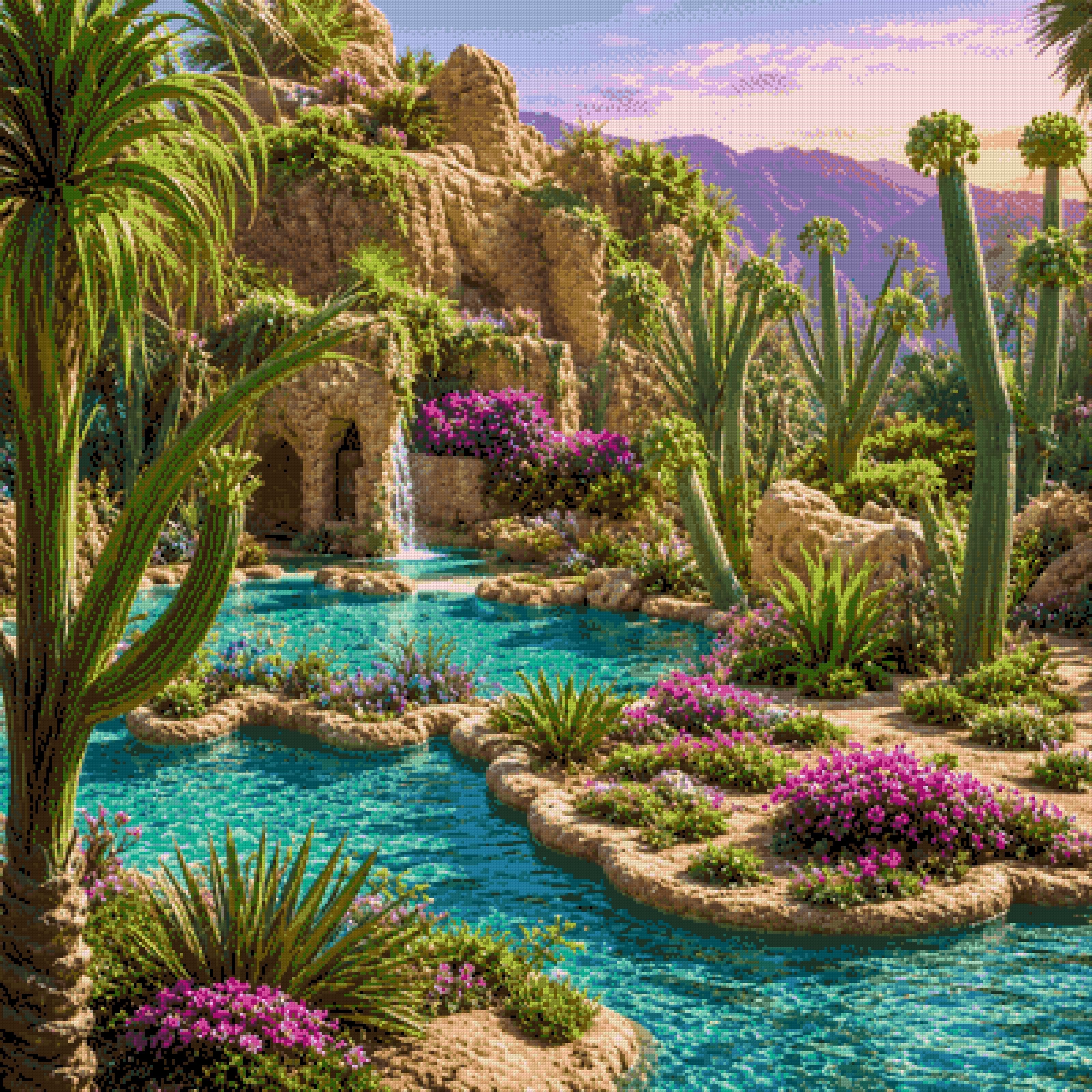 A vibrant oasis with turquoise waters, cacti, and colourful flowers. Size - 100cm x 100cm