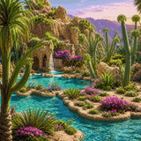 A vibrant oasis with turquoise waters, cacti, and colourful flowers. Size - 100cm x 100cm
