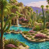 A vibrant oasis with turquoise waters, cacti, and colourful flowers. Size - 30cm x 30cm