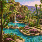 A vibrant oasis with turquoise waters, cacti, and colourful flowers. Size - 30cm x 30cm