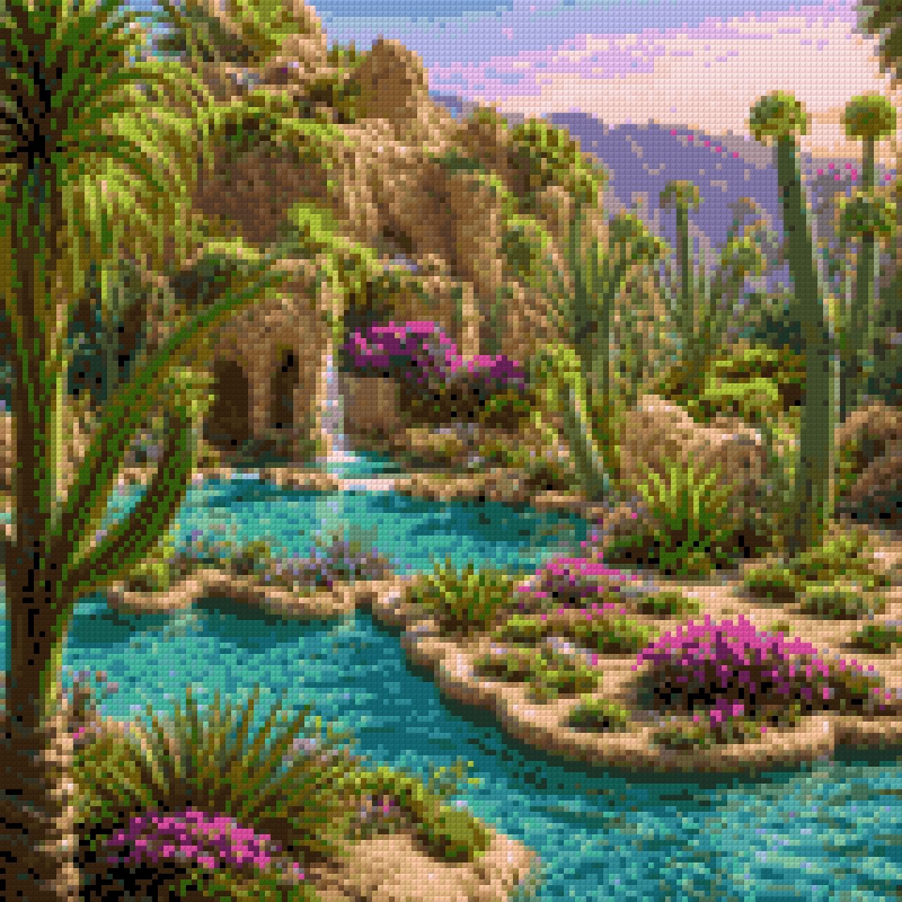 A vibrant oasis with turquoise waters, cacti, and colourful flowers. Size - 40cm x 40cm