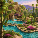 A vibrant oasis with turquoise waters, cacti, and colourful flowers. Size - 50cm x 50cm