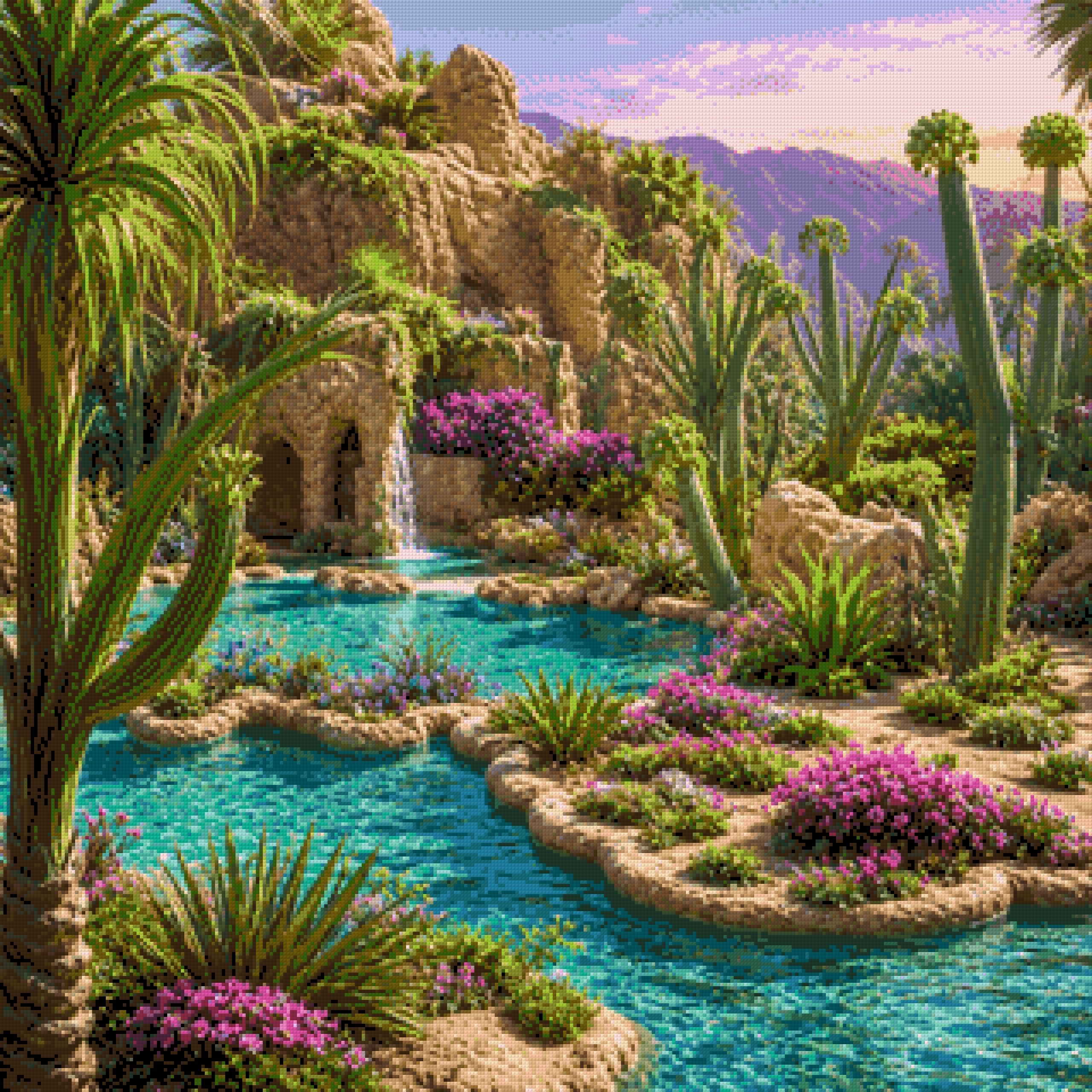 A vibrant oasis with turquoise waters, cacti, and colourful flowers. Size - 80cm x 80cm