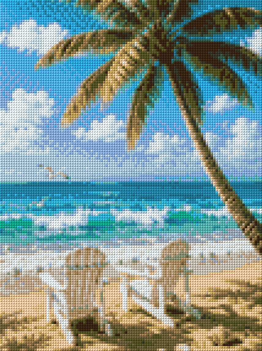 Two chairs on a sandy beach under a palm tree, facing the sea. Size - 30cm x 40cm