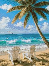 Two chairs on a sandy beach under a palm tree, facing the sea. Size - 30cm x 40cm