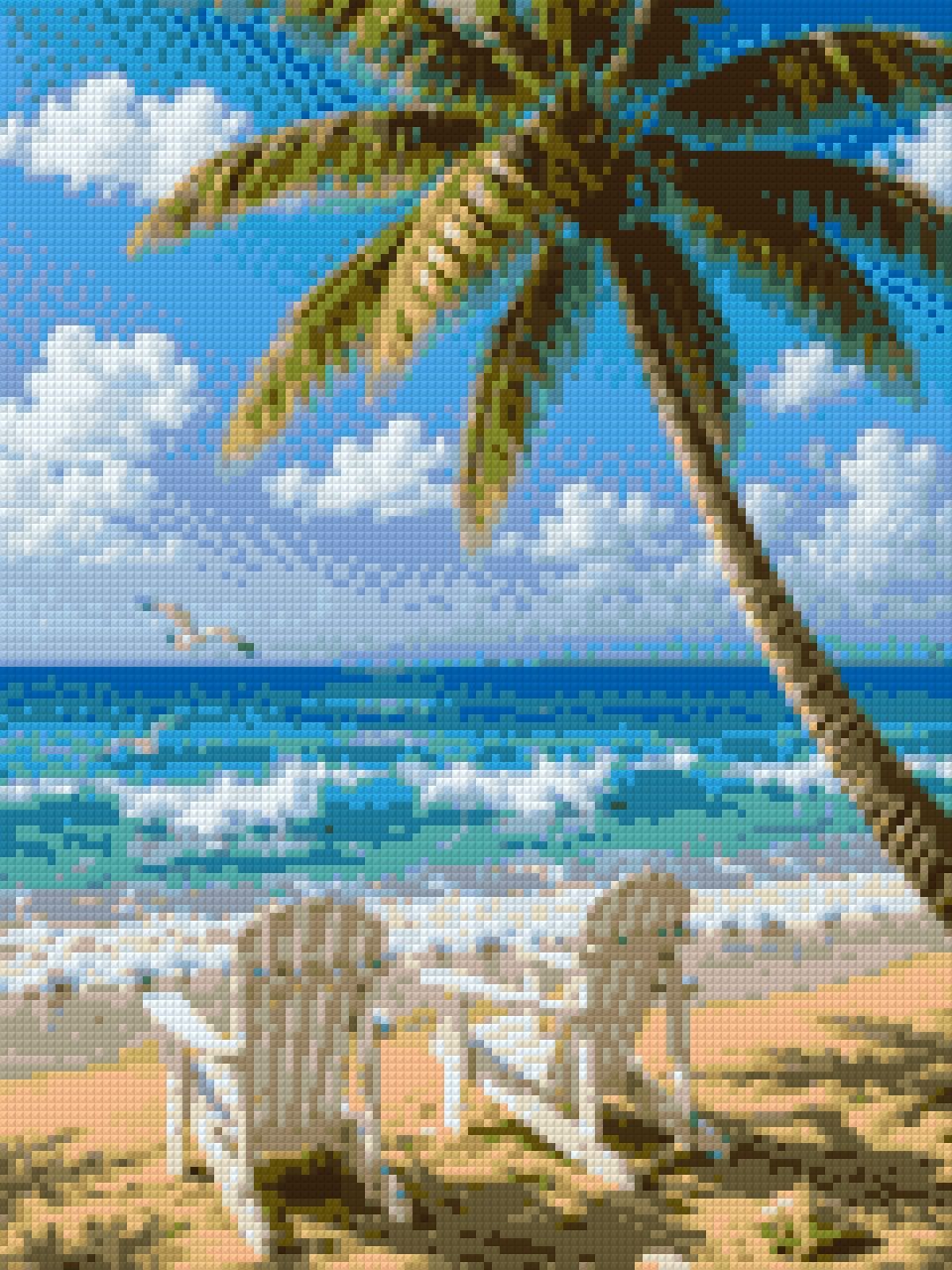 Two chairs on a sandy beach under a palm tree, facing the sea. Size - 30cm x 40cm
