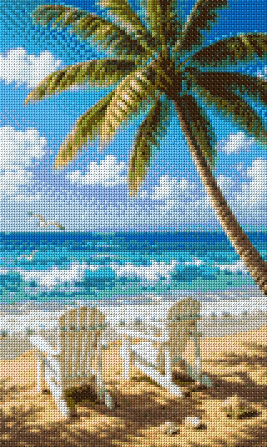 Two chairs on a sandy beach under a palm tree, facing the sea. Size - 30cm x 50cm