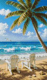 Two chairs on a sandy beach under a palm tree, facing the sea. Size - 30cm x 50cm