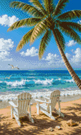 Two chairs on a sandy beach under a palm tree, facing the sea. Size - 30cm x 50cm