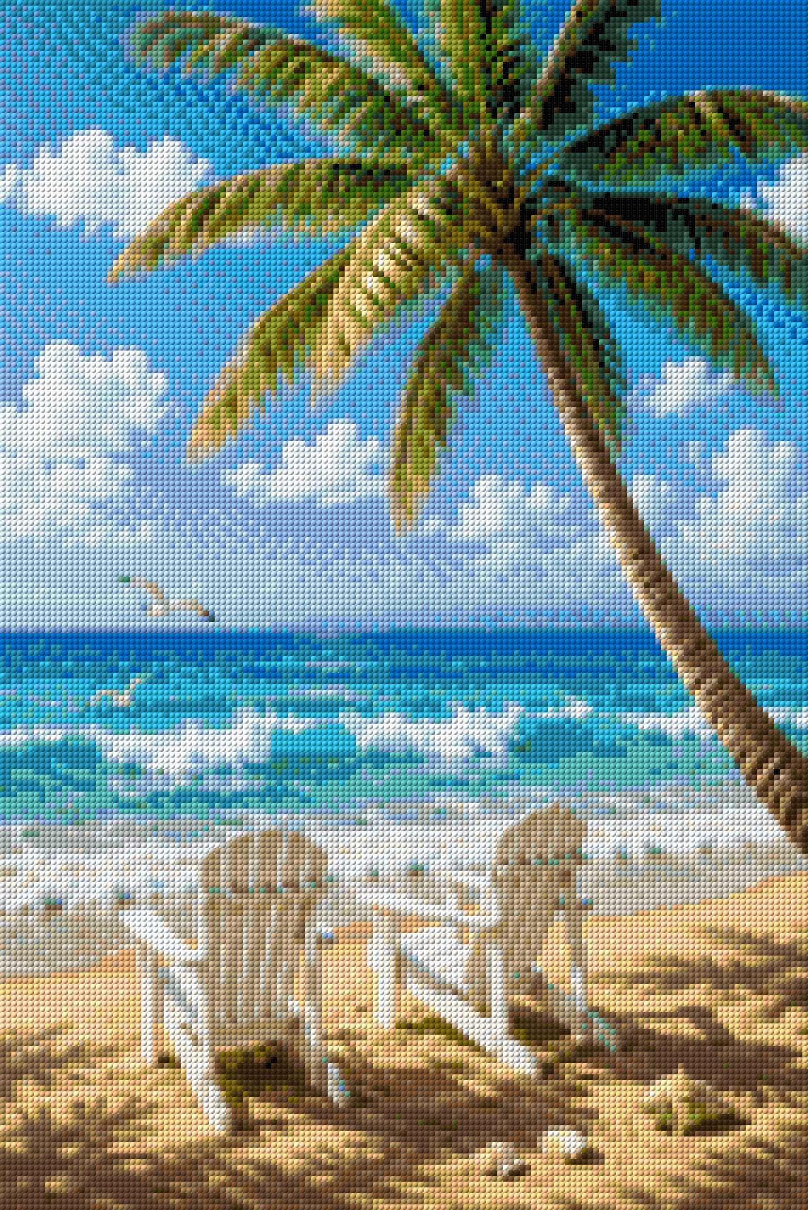 Two chairs on a sandy beach under a palm tree, facing the sea. Size - 40cm x 60cm