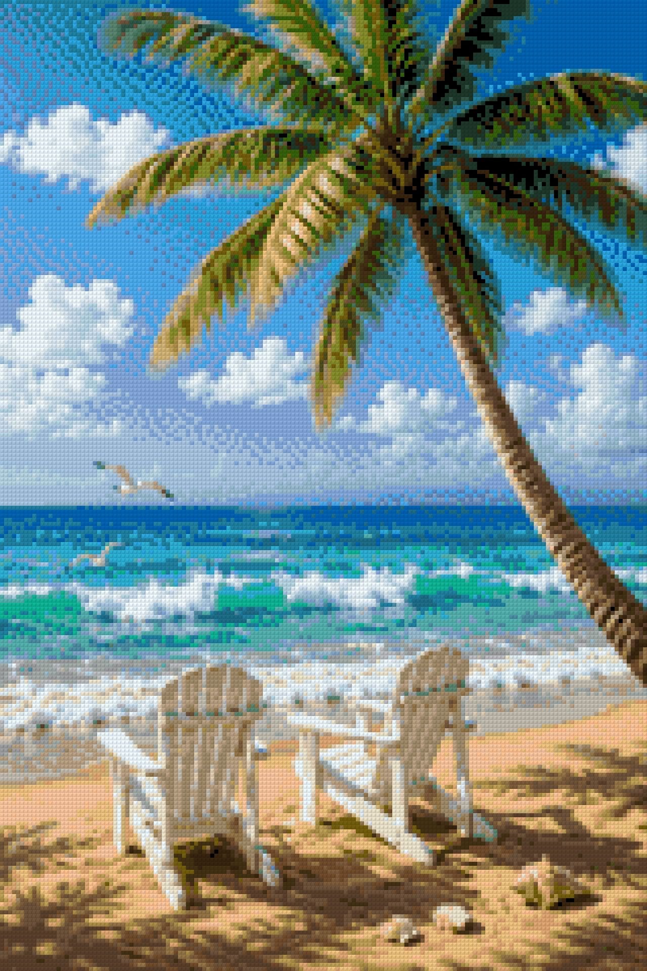 Two chairs on a sandy beach under a palm tree, facing the sea. Size - 40cm x 60cm