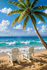 Two chairs on a sandy beach under a palm tree, facing the sea. Size - 60cm x 90cm