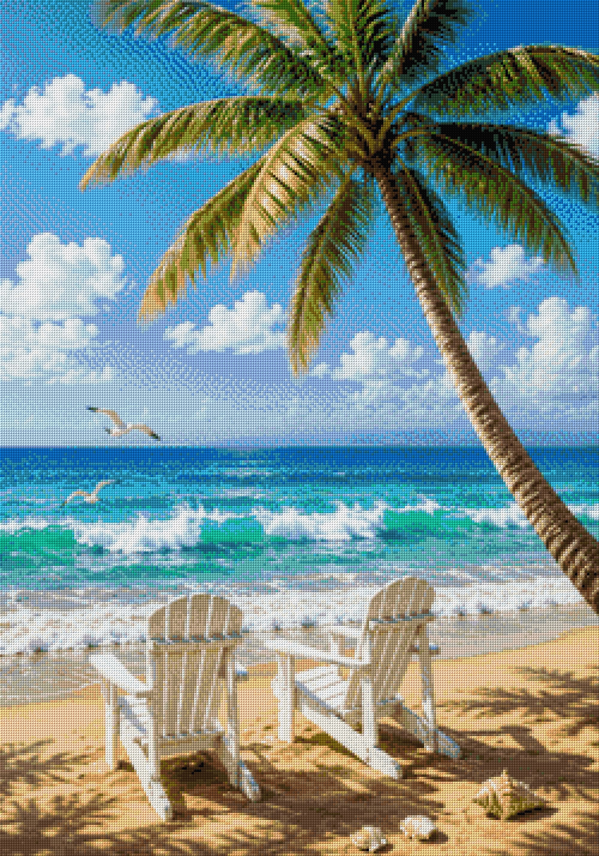 Two chairs on a sandy beach under a palm tree, facing the sea. Size - 70cm x 100cm