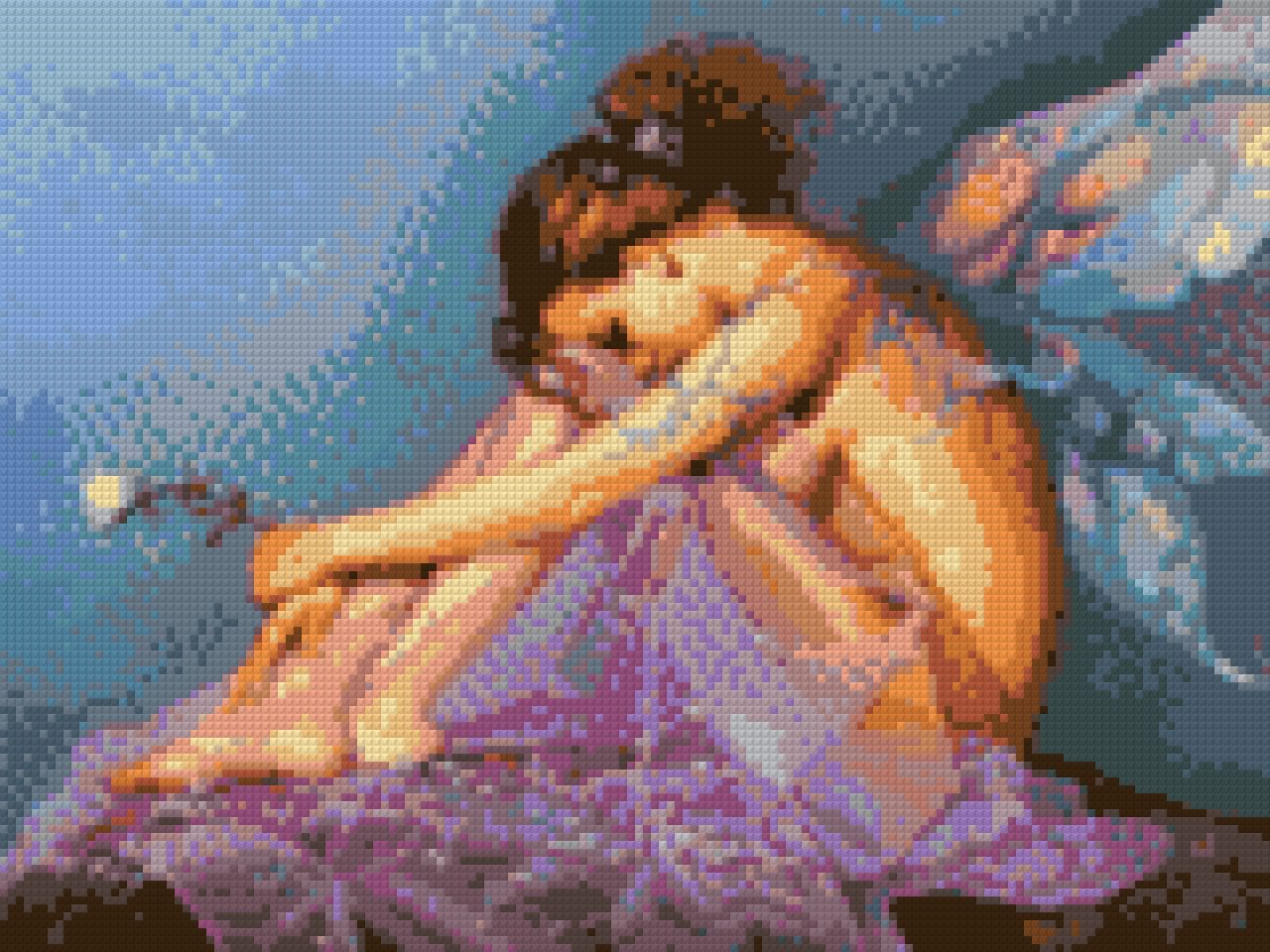 A fairy with colourful wings sits, holding a flower, on a lavender cloth. Size - 40cm x 30cm