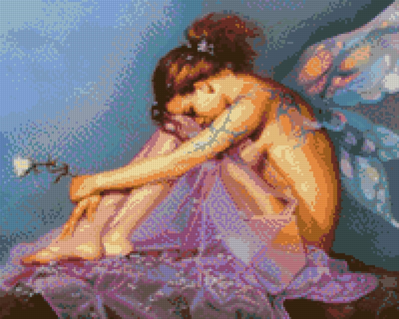 A fairy with colourful wings sits, holding a flower, on a lavender cloth. Size - 50cm x 40cm