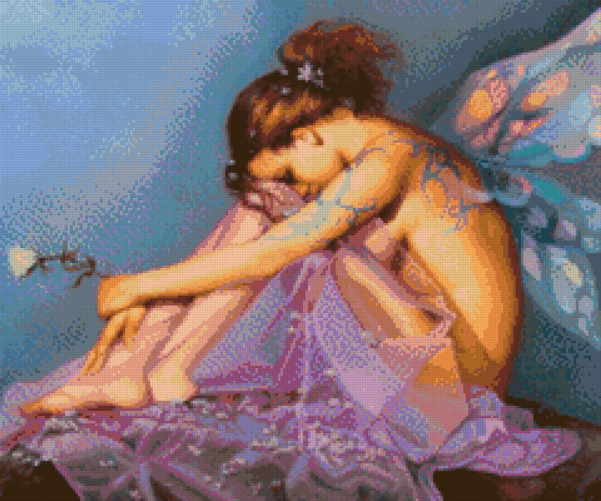 A fairy with colourful wings sits, holding a flower, on a lavender cloth. Size - 60cm x 50cm