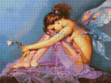 A fairy with colourful wings sits, holding a flower, on a lavender cloth. Size - 80cm x 60cm