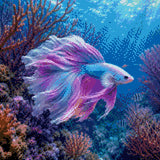 colourful betta fish swimming in vibrant coral reef underwater. Size - 40cm x 40cm
