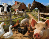 A lively barnyard scene with various farm animals near a red barn. Size - 100cm x 80cm