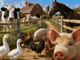 A lively barnyard scene with various farm animals near a red barn. Size - 40cm x 30cm