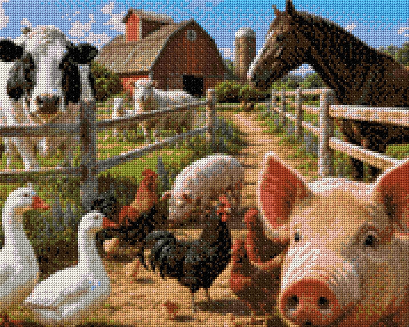 A lively barnyard scene with various farm animals near a red barn. Size - 50cm x 40cm