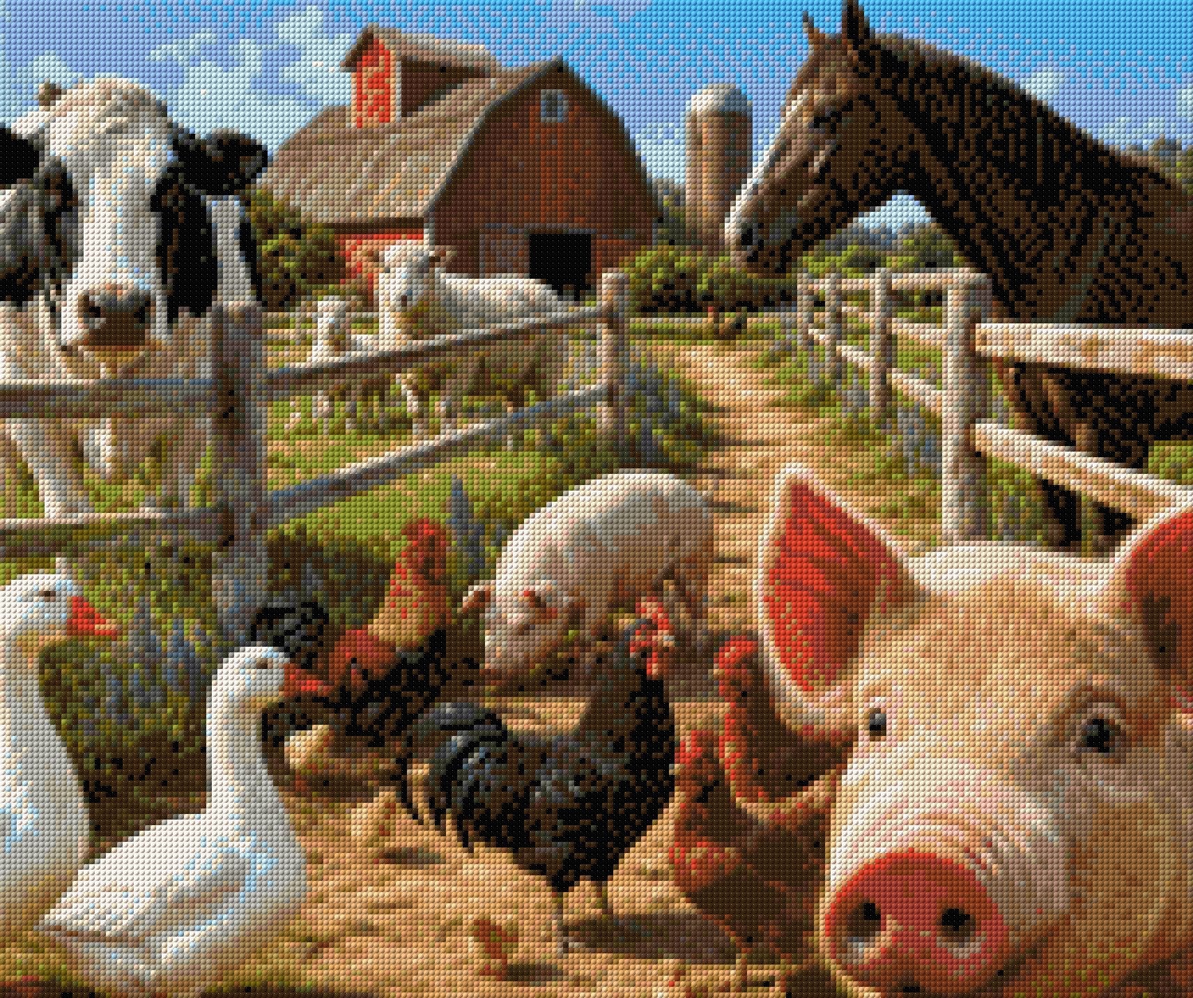 A lively barnyard scene with various farm animals near a red barn. Size - 60cm x 50cm