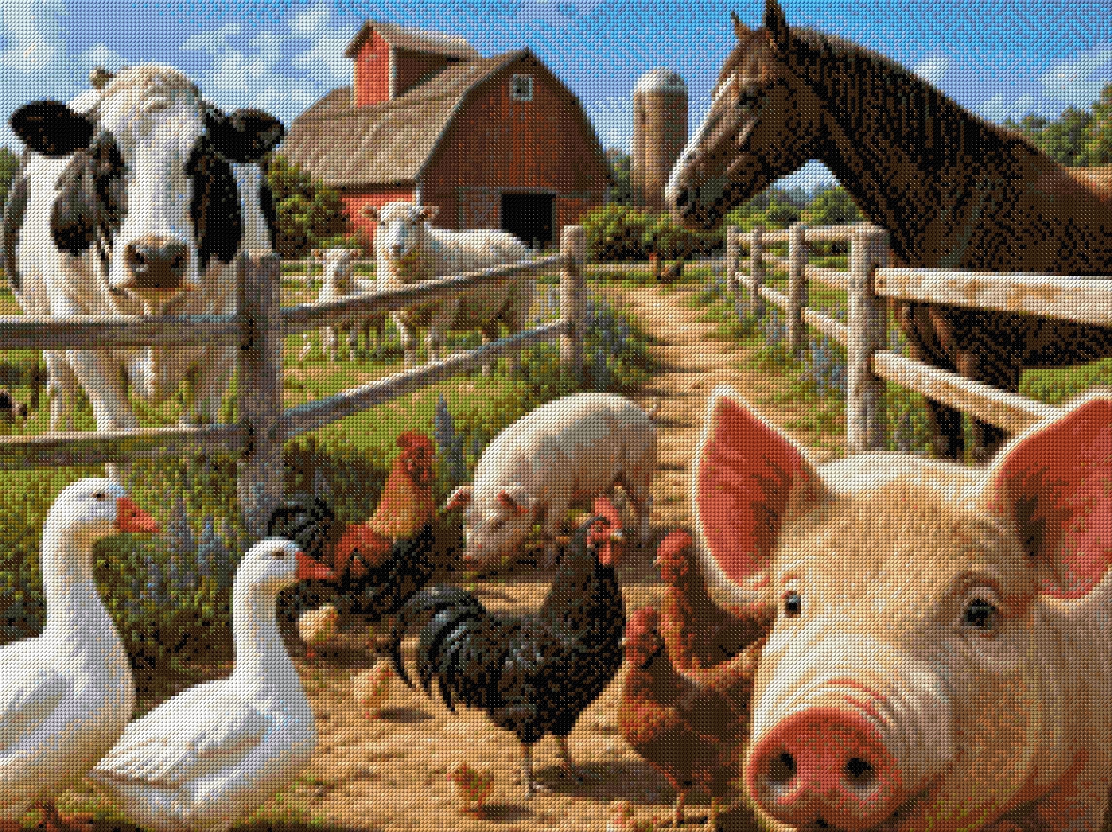 A lively barnyard scene with various farm animals near a red barn. Size - 80cm x 60cm
