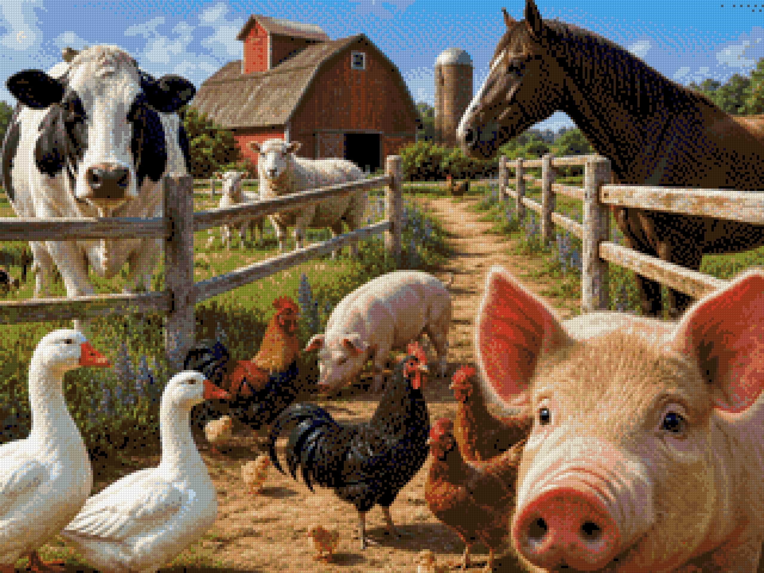 A lively barnyard scene with various farm animals near a red barn. Size - 80cm x 60cm