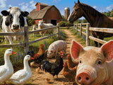 A lively barnyard scene with various farm animals near a red barn. Size - 80cm x 60cm