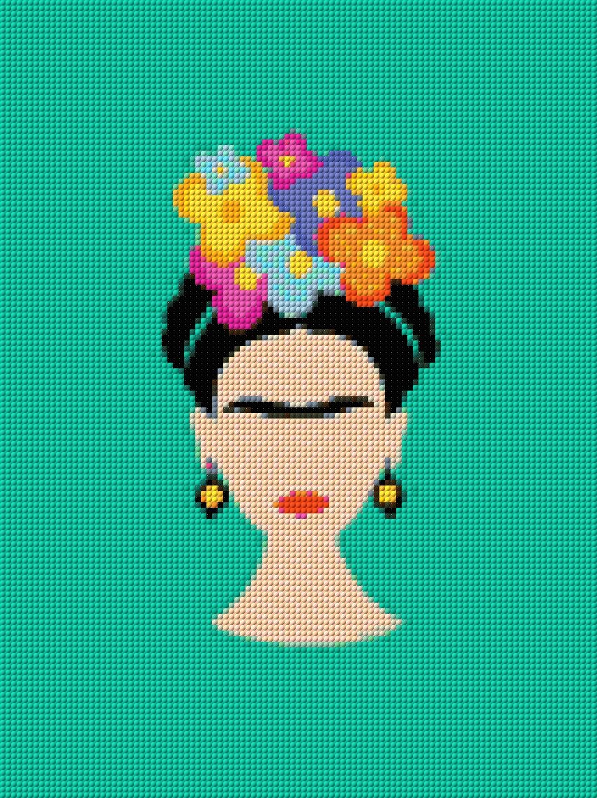 Illustrated face with colourful flowers on teal background. Size - 30cm x 40cm