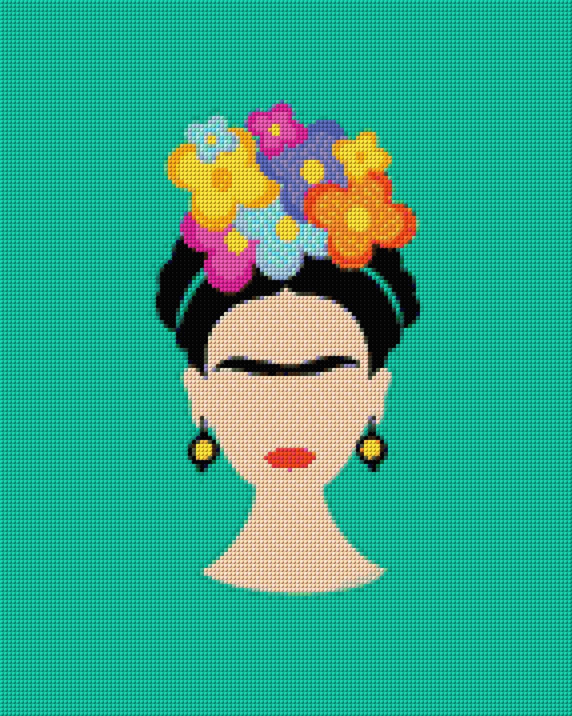 Illustrated face with colourful flowers on teal background. Size - 40cm x 50cm