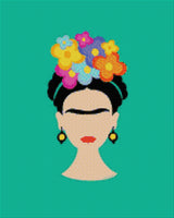 Illustrated face with colourful flowers on teal background. Size - 40cm x 50cm