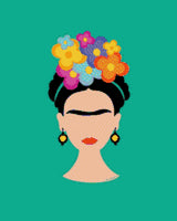 Illustrated face with colourful flowers on teal background. Size - 40cm x 50cm
