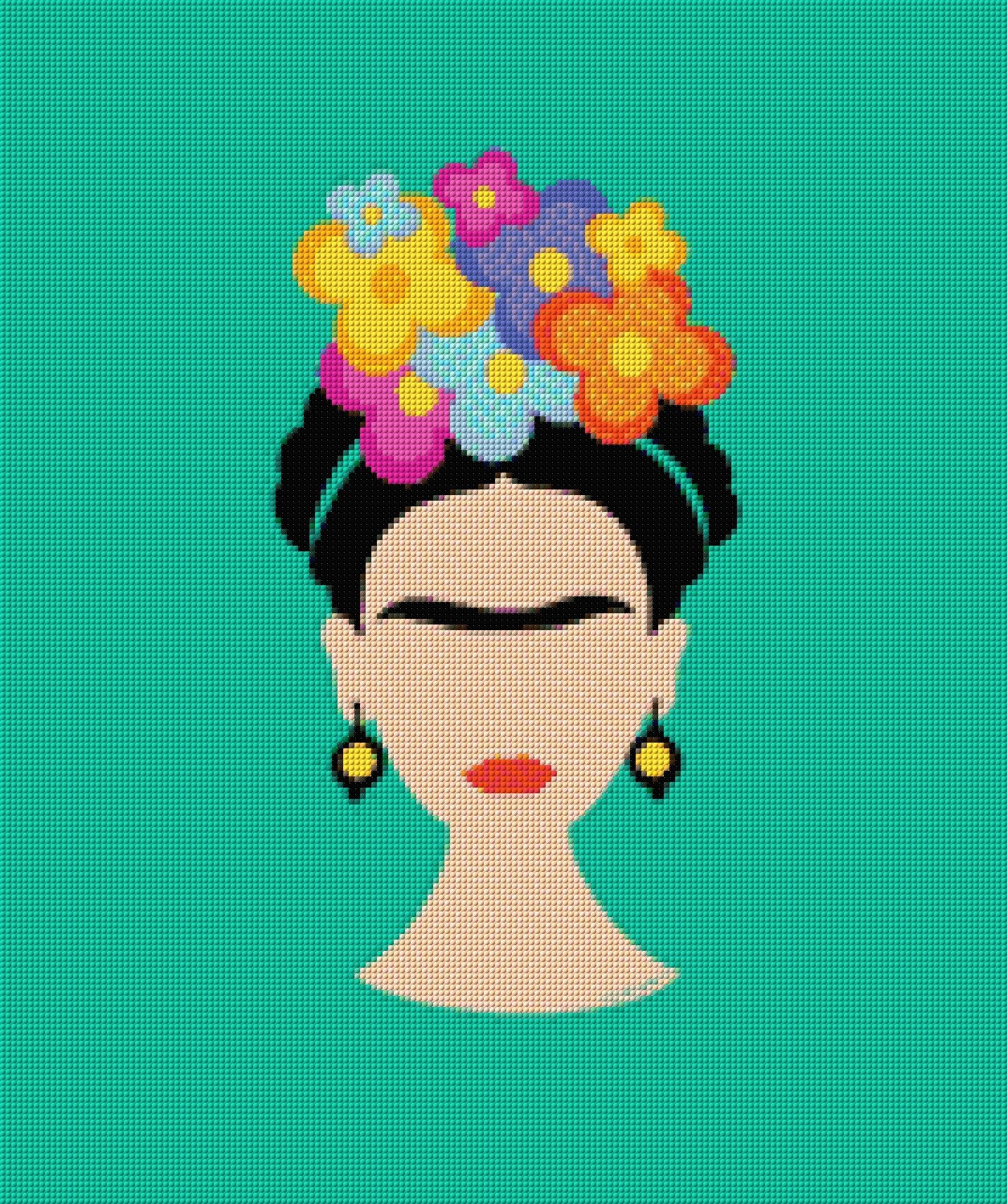Illustrated face with colourful flowers on teal background. Size - 50cm x 60cm