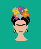 Illustrated face with colourful flowers on teal background. Size - 50cm x 60cm