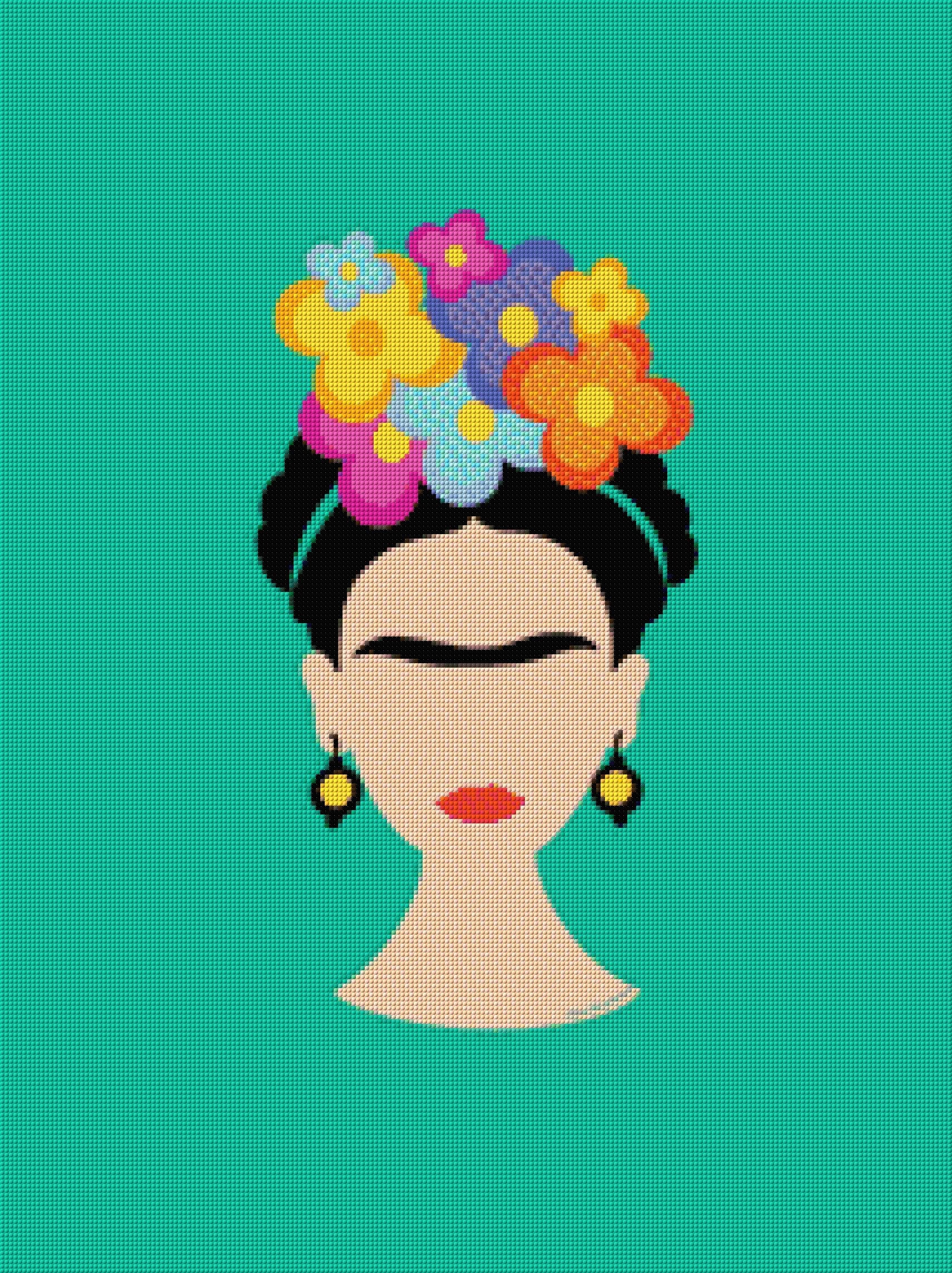 Illustrated face with colourful flowers on teal background. Size - 60cm x 80cm