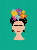 Illustrated face with colourful flowers on teal background. Size - 60cm x 80cm