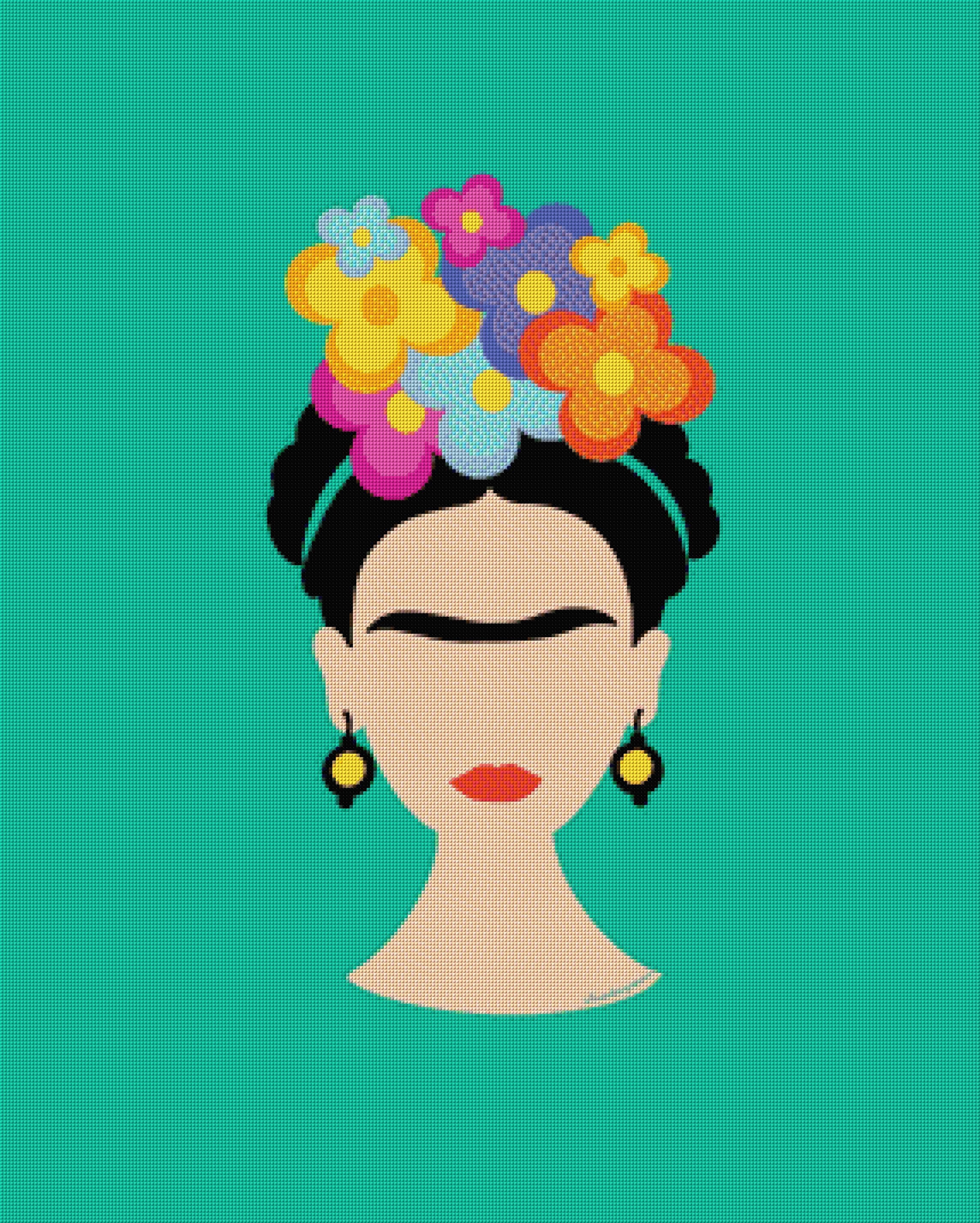 Illustrated face with colourful flowers on teal background. Size - 80cm x 100cm