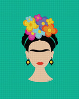Illustrated face with colourful flowers on teal background. Size - 80cm x 100cm