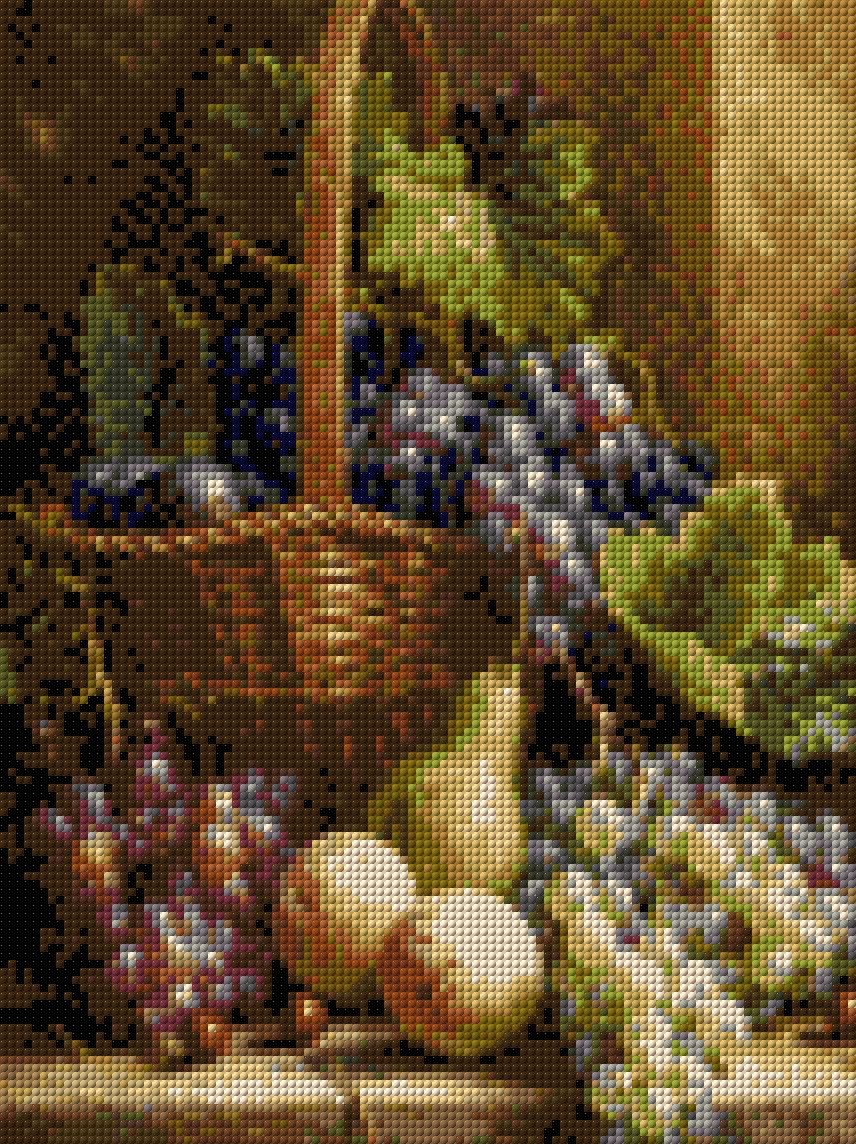 Basket with grapes, peaches, pear, and cherries in warm light. Size - 30cm x 40cm