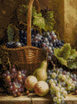 Basket with grapes, peaches, pear, and cherries in warm light. Size - 30cm x 40cm