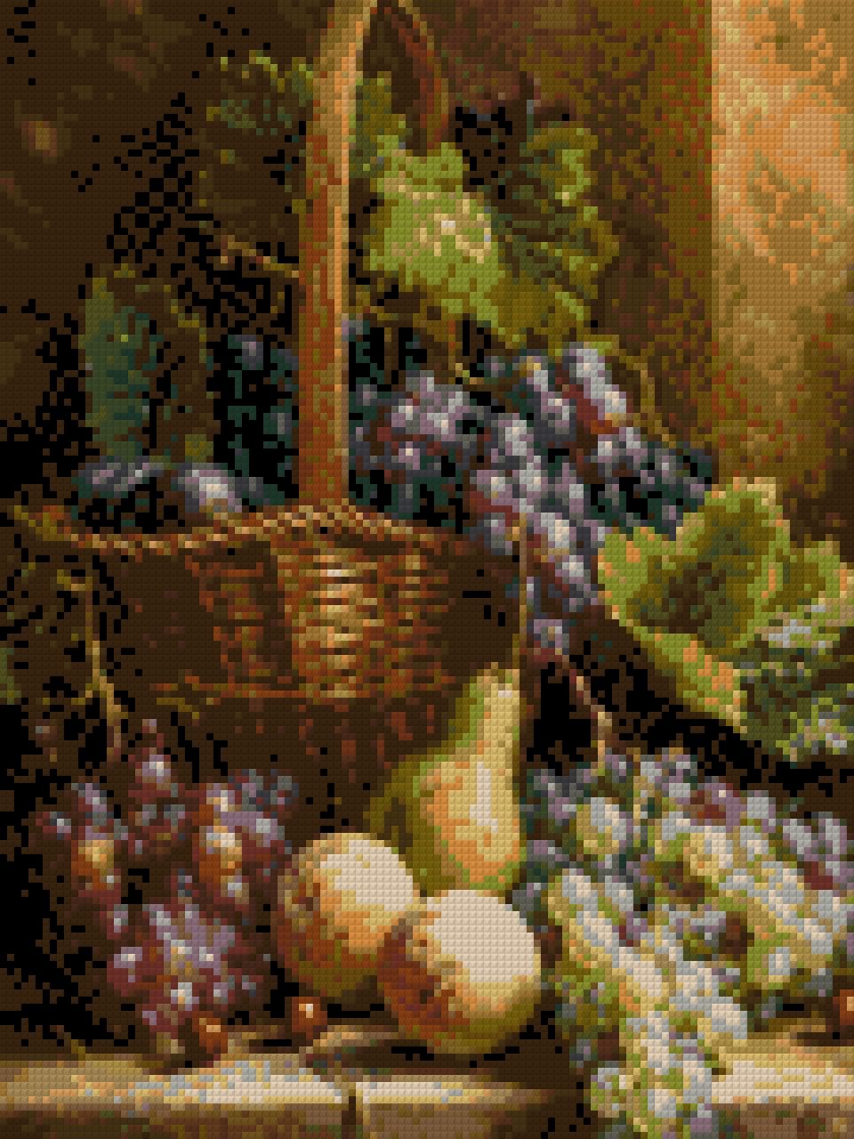 Basket with grapes, peaches, pear, and cherries in warm light. Size - 30cm x 40cm