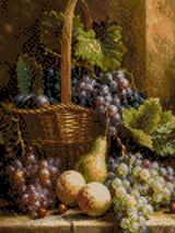 Basket with grapes, peaches, pear, and cherries in warm light. Size - 30cm x 40cm
