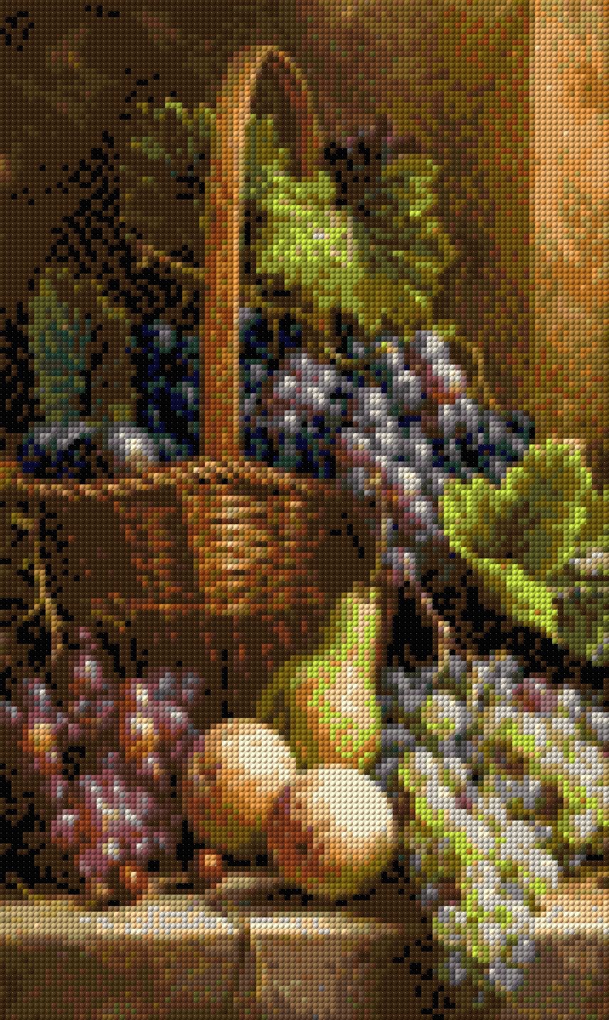 Basket with grapes, peaches, pear, and cherries in warm light. Size - 30cm x 50cm