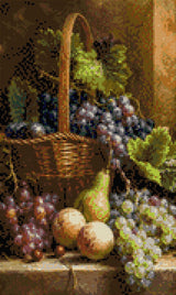 Basket with grapes, peaches, pear, and cherries in warm light. Size - 30cm x 50cm