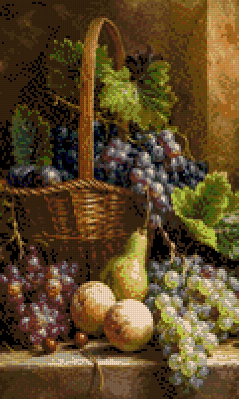 Basket with grapes, peaches, pear, and cherries in warm light. Size - 30cm x 50cm