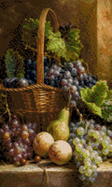 Basket with grapes, peaches, pear, and cherries in warm light. Size - 30cm x 50cm
