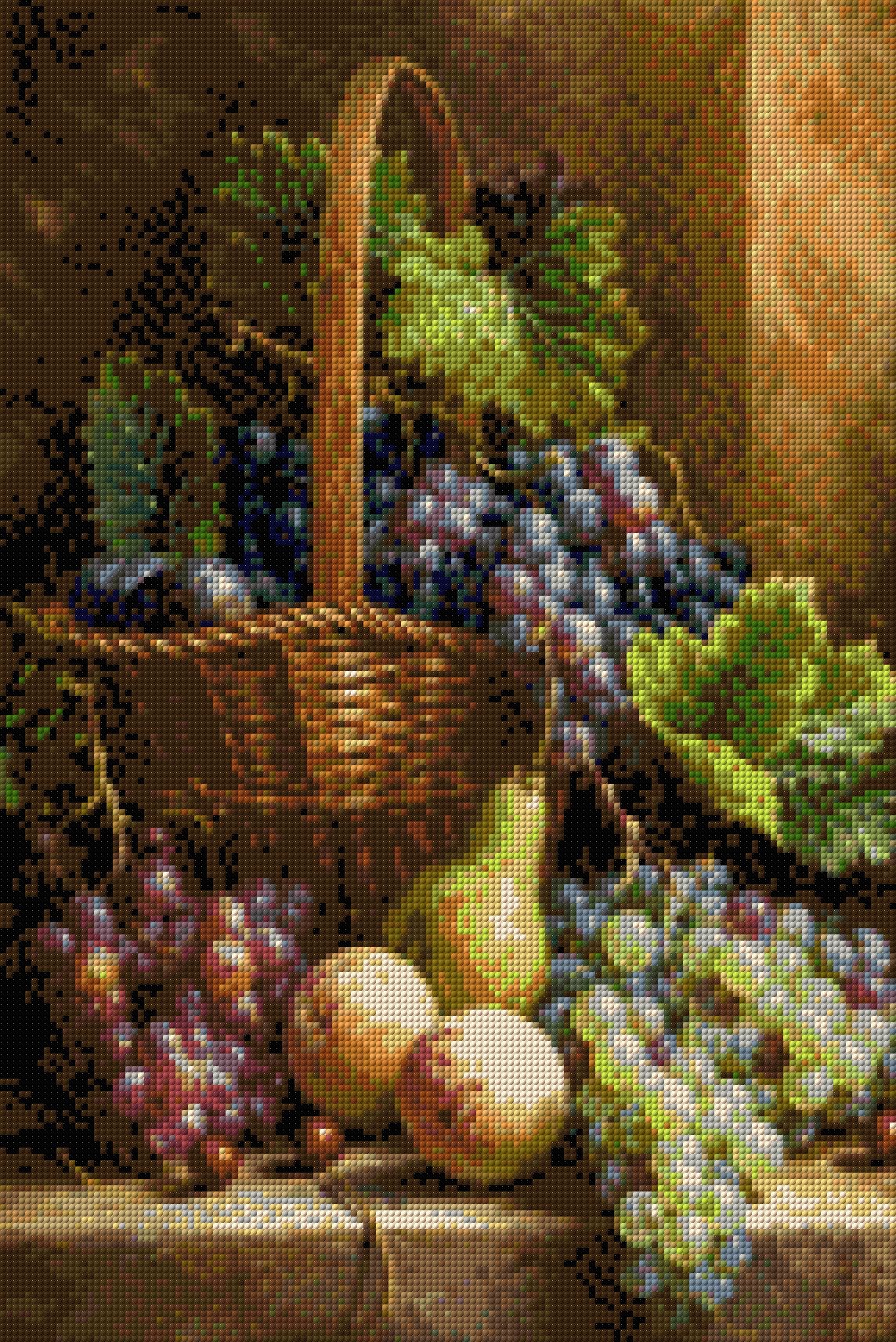 Basket with grapes, peaches, pear, and cherries in warm light. Size - 40cm x 60cm