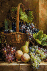 Basket with grapes, peaches, pear, and cherries in warm light. Size - 40cm x 60cm